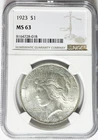 1923 $1 Peace Silver One Dollar US NGC MS63 Philadelphia