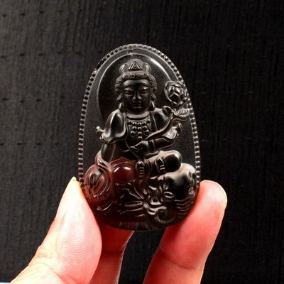 Certified Icy black Natural A Obsidian pendant Guanyin Kwan yin 观音 0516