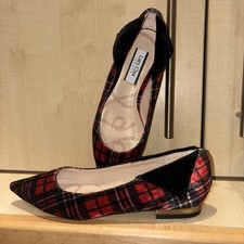 LUCY CHOI TARTAN TEXTURED  BLACK/GOLD TRIM LEATHER SHOES SIZE 35 POINTED TOE 