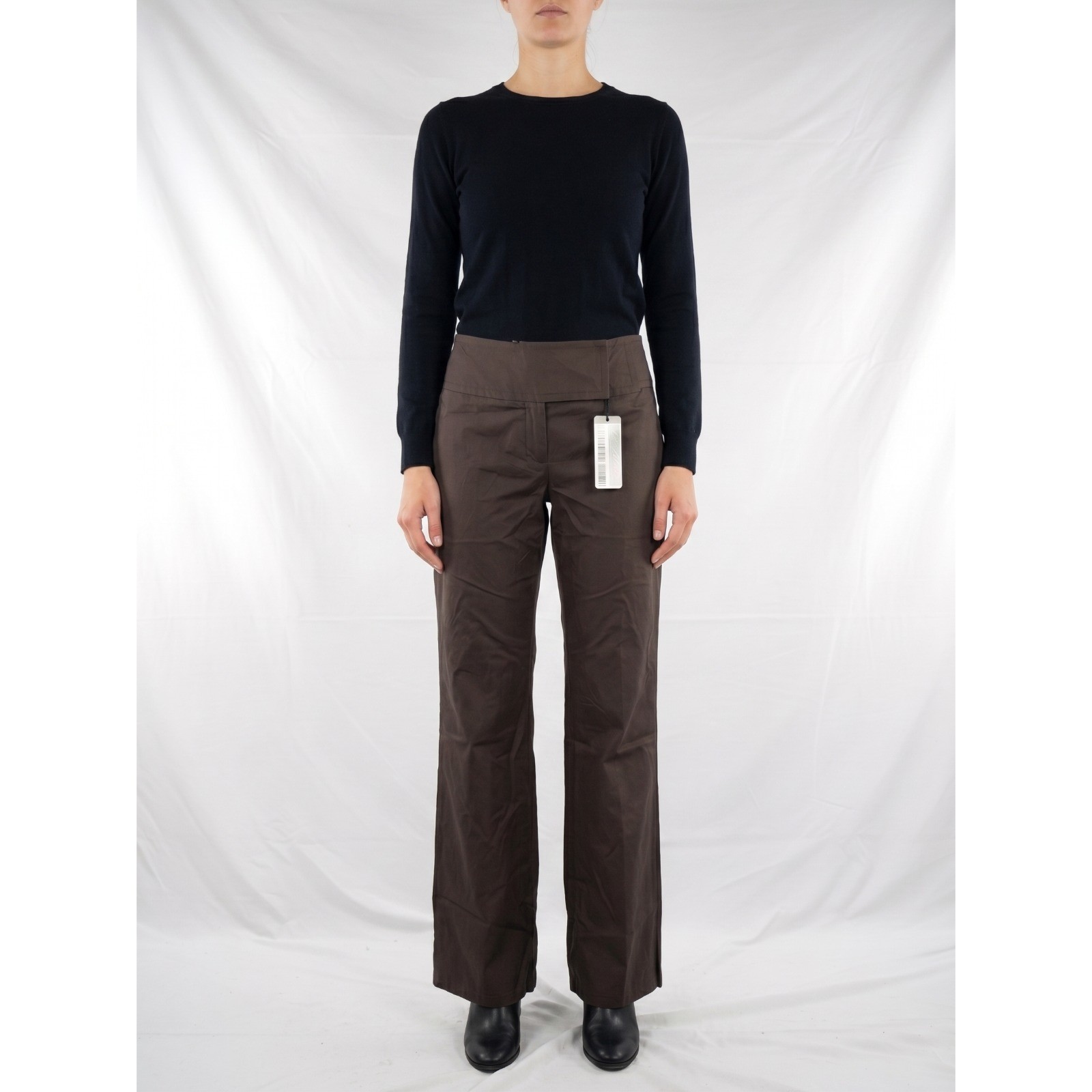 Sisley Pantalone Cotone Vita Media Fondo Ampio Marrone Donna M Casual Pantaloni