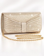 Gold Shimmer Glitter Pleated Flap Clutch Bag with Chain Strap