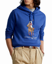 NEW MEN'S M POLO RALPH LAUREN POLO BEAR BIG PONY FLEECE HOODIE IN BLUE YACHT