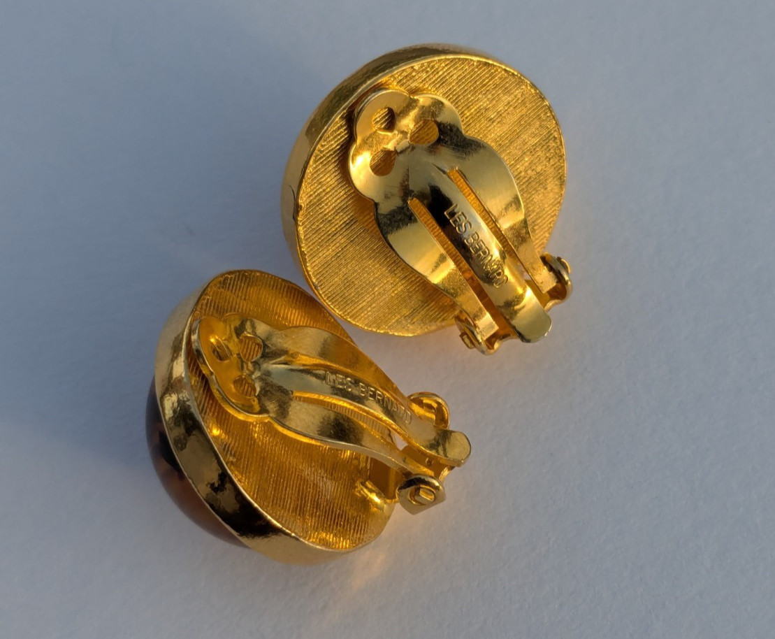 VTG Les Bernard Amber (Faux?) Clip-On Gold Tone Button Earrings View 3