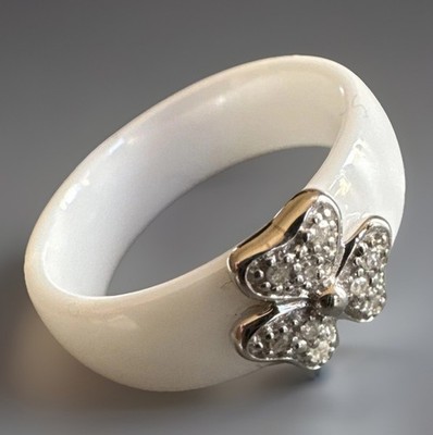 Ring 10 kt 417 Weißgold Weißkeramik Weißer Diamant Edelstein Kleeblatt Größe L 1/2