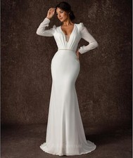 Women Long Sleeve Wedding Dress Rehearsal Dinner Dress for Bride V-neck Satin