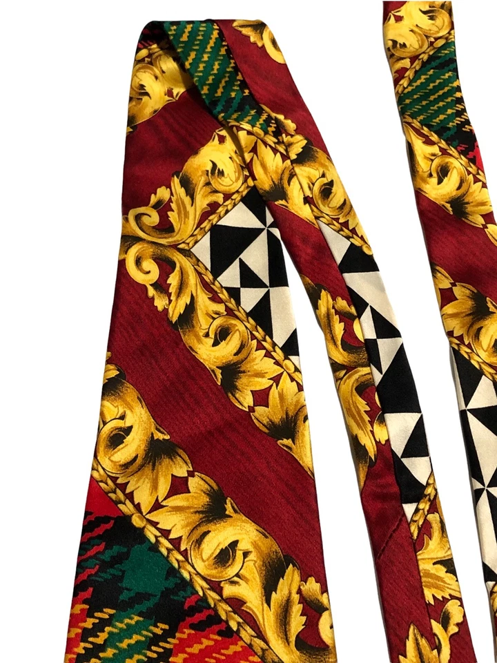 Vintage 90s Altea Baroque Silk Tie made in Italy Plaid gold red - Image 4 of 4