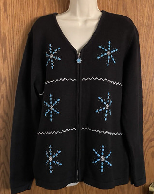 Bechamel Beaded Snowflake Black Sweater Zip Front Long Sleeves Women's Size XL