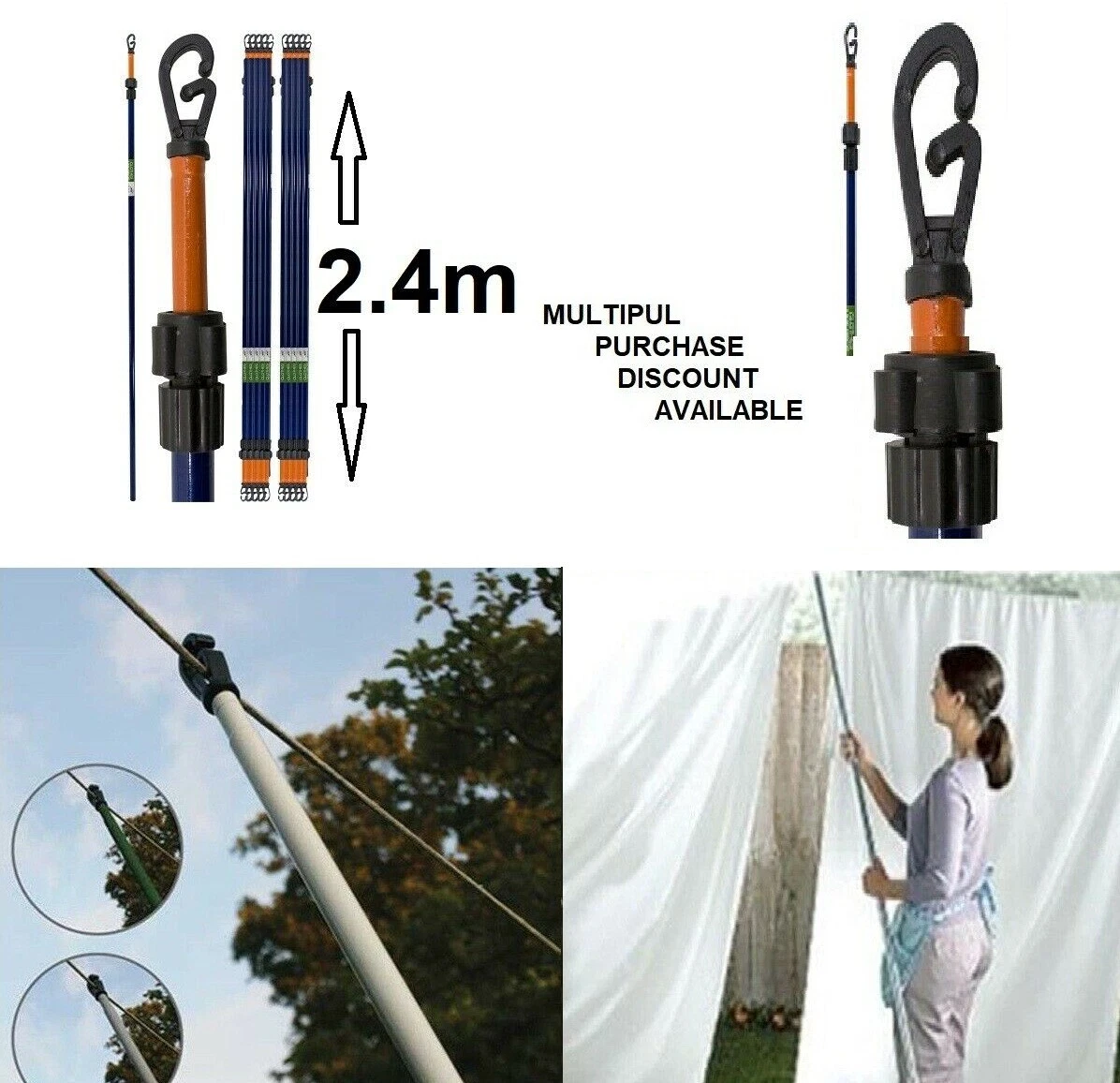 2.4m Telescopic Washing Line Extending Clothes Pole Support Heavy Duty Line Prop eBay