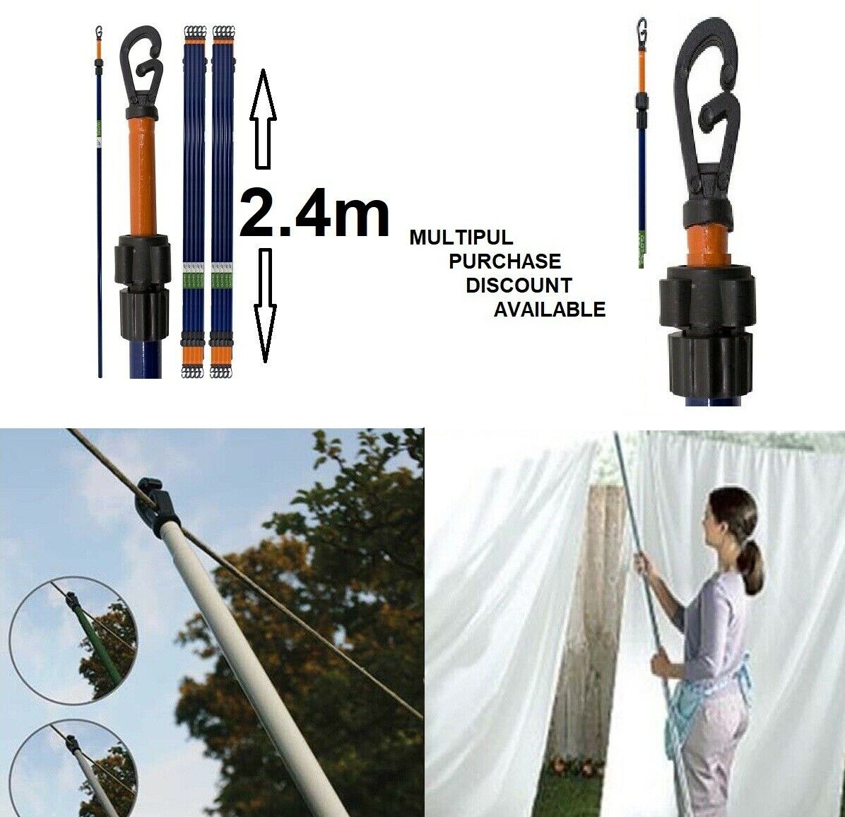 2.4m Telescopic Washing Line Extending Clothes Pole Support Heavy Duty