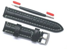 20mm Black Crocodile Grain Leather Contrast Stitch Padded Men's Watch Band