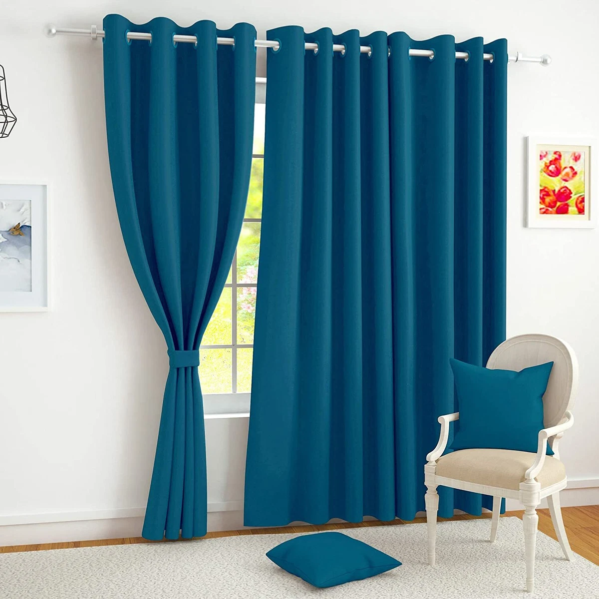 2 Piece Blue Room Darkening Blackout Eyelet Door Window Curtain Set 5 7 9  Feet