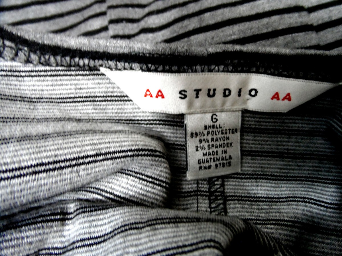 AA STUDIO Retro Knit Dress 6 Gray Black stripe Belted knee length