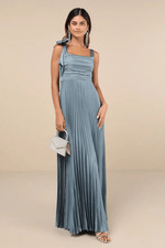 Lulus Gorgeous Purpose Slate Satin Pleated Sleeveless Bow Maxi Dress Size S NWT