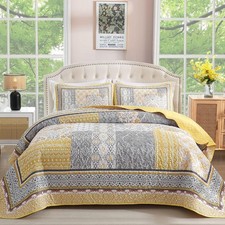 Yellow Quilt Set King Size Bohemian Patchwork Bedspread Coverlet Set Reversible