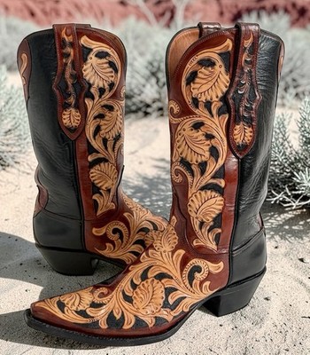 EXC Black Jack Handmade Tooled Cowgirl Boots Women s Size 10B Snip Toe USA Made