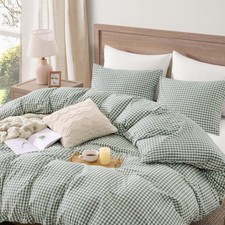 Sage Green Gingham Duvet Cover King, 100 Wash Cotton Linen Like Textured