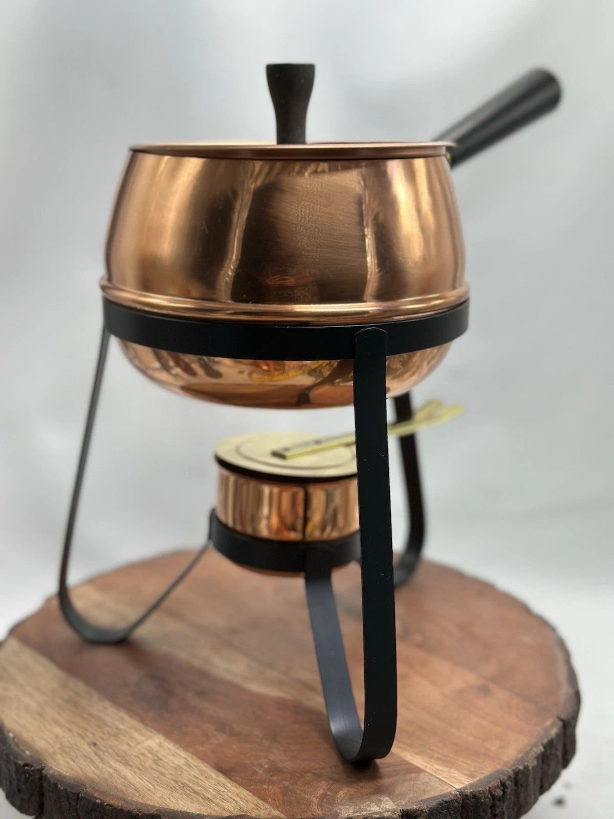 Vintage Copper Fondue Pot Set Wooden Handle Stand & Burner