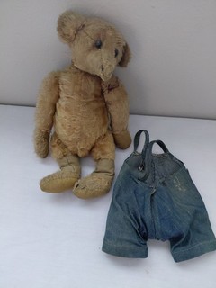 Very Old Early 1900's Teddy Bear. Mohair With Denim Overalls