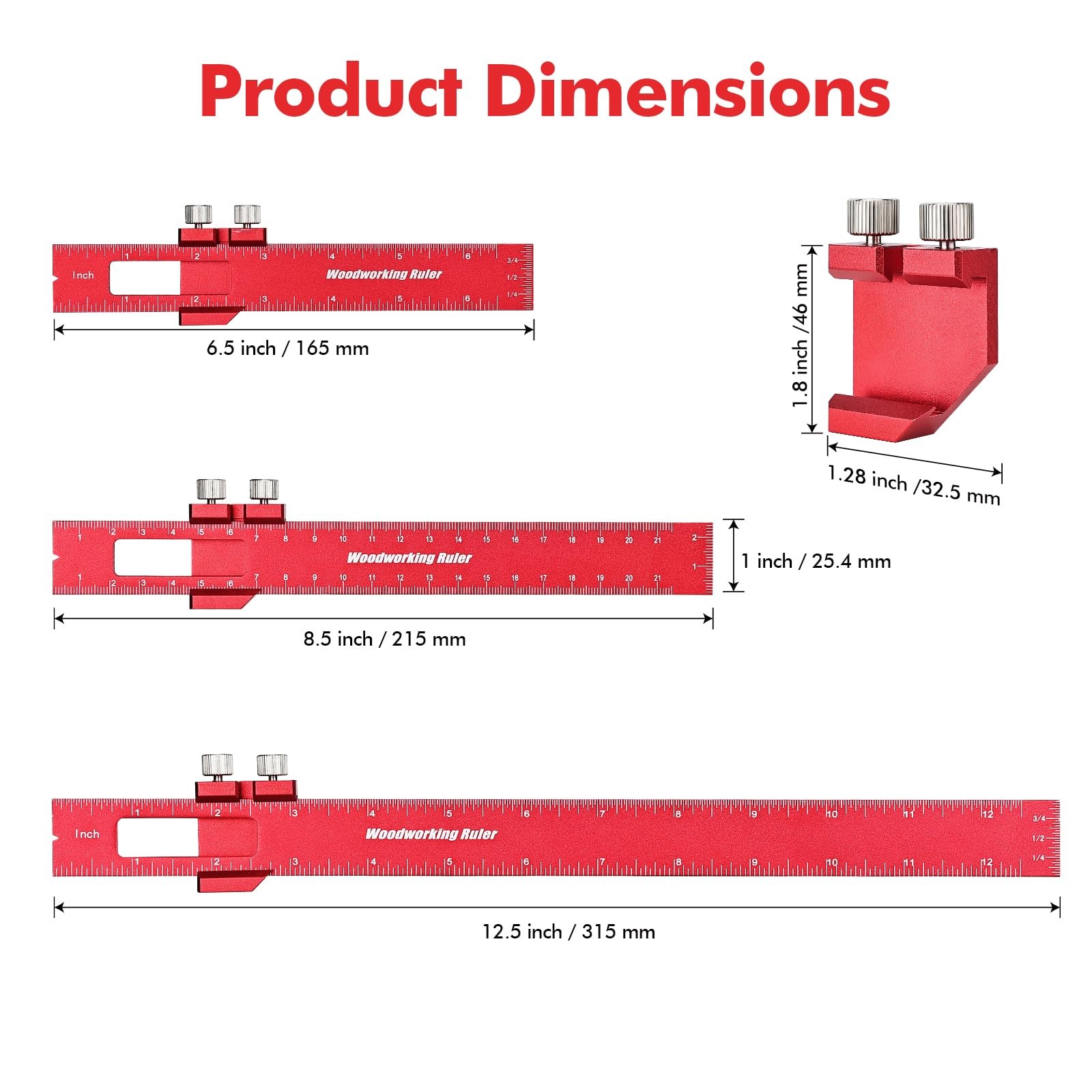 3PCS Woodworking Ruler Set, Precision Pocket Ruler with Adjustable Slide Stop, A
