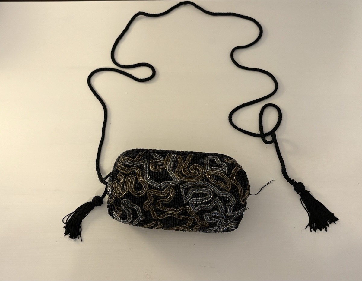 Vintage Christian Dior Black Beaded Tassel Crossbody Purse Handbag