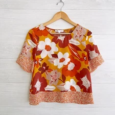 DR2 - Orange floral short sleeve cut out back top, S