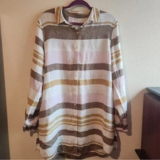Rachel Zoe Linen Pink Brown Stripe Tunic Button Down Beach Cover Up Lagenlook XL