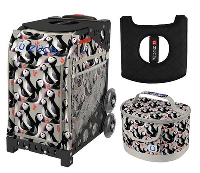 Zuca Sport Bag - Playful Puffins with Lunchbox and Seat Cushion (Black Non- Flas