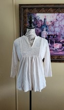 Chaps Denim Womens Small White Crochet Vneck Yoke 3/4 Sleeve Tunic Blouse