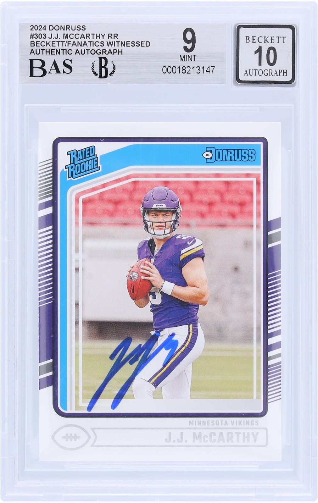 J.J. McCarthy Vikings Signed 2024 Panini Donruss #303 BAS 9/10 Rookie Card