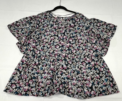 Terra & Sky Women Babydoll Blouse Top 2X Flutter Sleeve Keyhole Pink Blue Floral