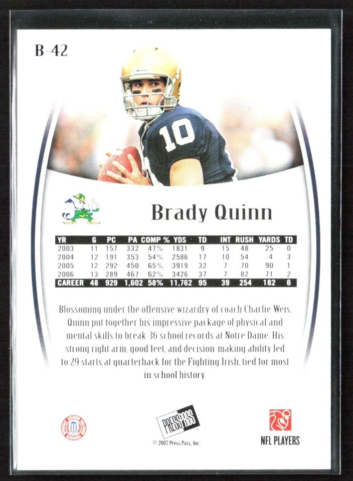 Brady Quinn 2007 Press Pass Legends Bronze /999 #B-42 Notre Dame Fighting Irish - Image 2 of 3