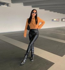 Women's Genuine Lambskin Leather Pants High-Waisted Black Slim Fit Trouser