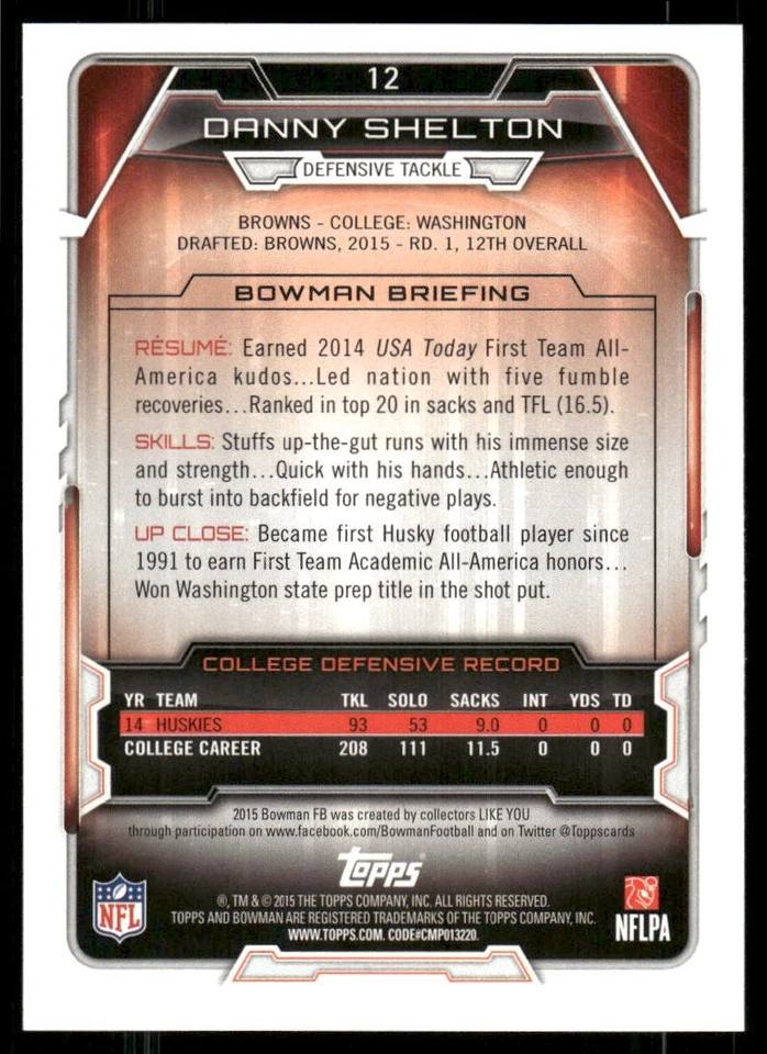 2015 Bowman Danny Shelton Rookie #12 Cleveland Browns - Image 2 of 2