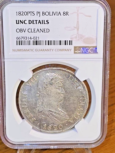 1820 PTS PJ Bolivia Silver 8 Reales - NGC Unc Details cleaned - 14-021