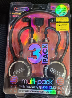 Sentry Portable Noise Reduction Headphones Earhooks Earbuds Black 3-Pack NEW