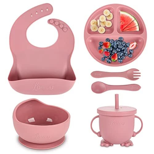 Silicone Baby Feeding Set Baby Led Weaning Supplies Set Suction Baby Dark Pink