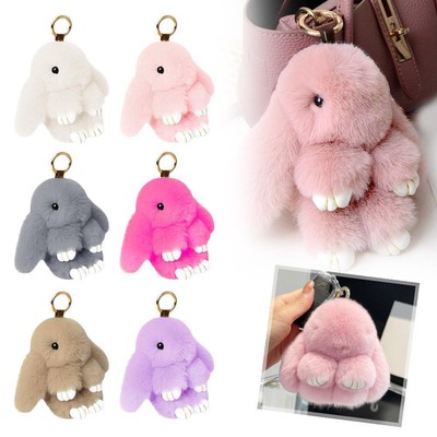 13cm Adorable Fur Bunny Cute Plush Bunny Keychain Women Bag Decor Car Key R5W0