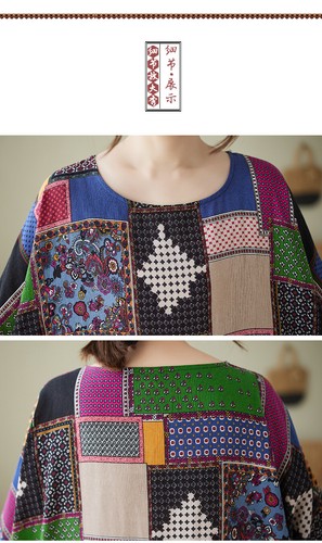 Cotton Linen Retro Casual Round Neck Short Sleeve Loose Plaid Dress Women's Robe - Bild 19 von 22