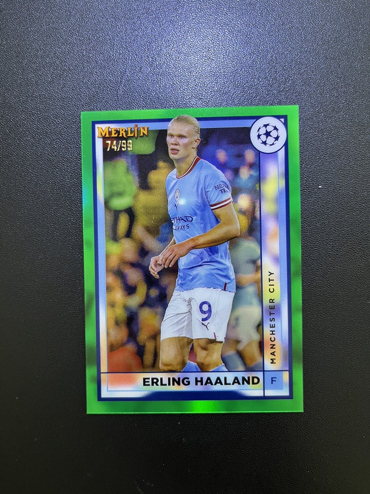 2022-23 Topps Merlin Chrome UEFA Erling Haaland #92 Green Refractor /99 Man City