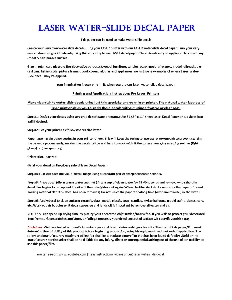 Waterslide Decal Paper CLEAR For LASER Printer 10 Sheets 8.5"X11" Letter Size #1 - Image 3 of 3