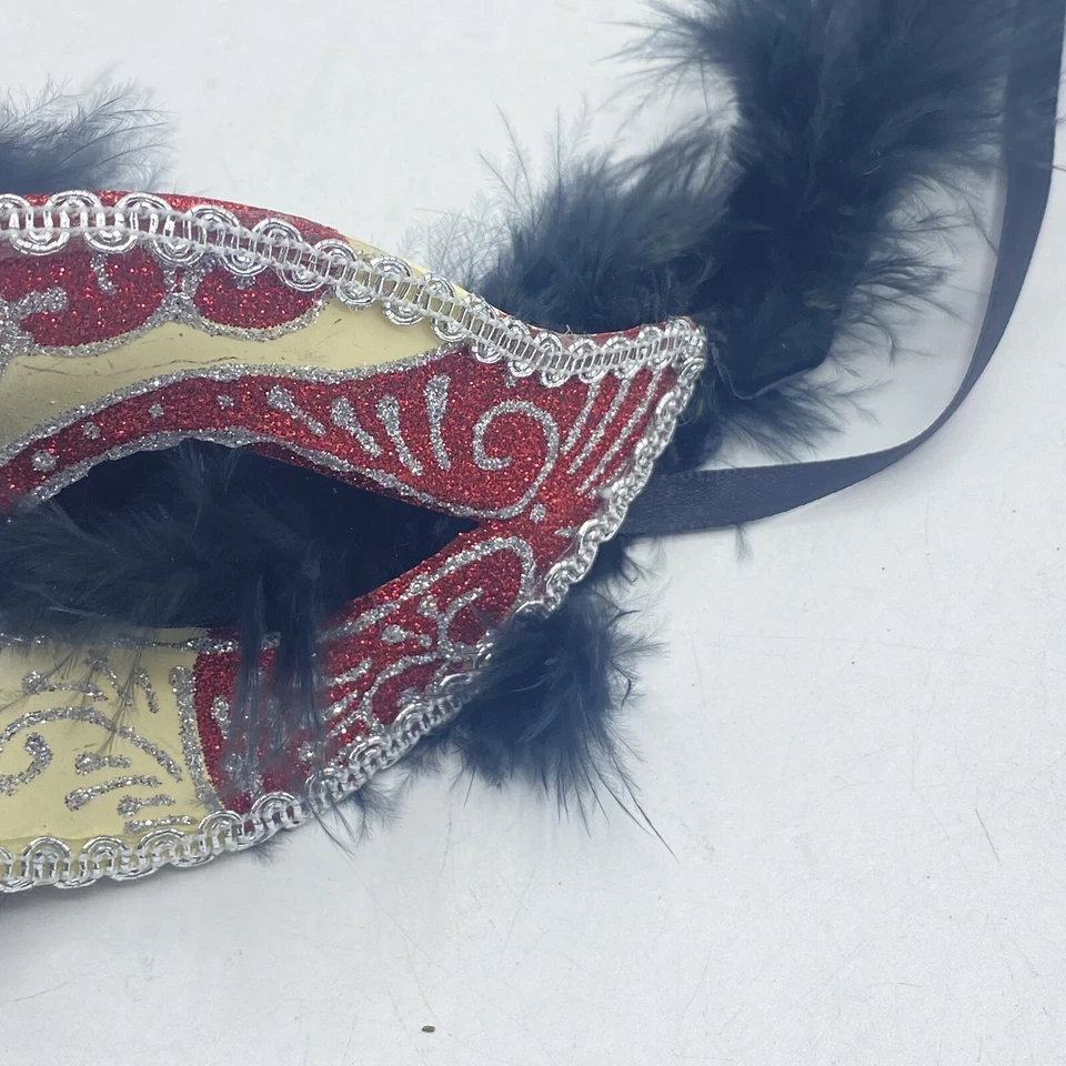 Red Silver Masquerade Mask With Feathers Venetian For Women KBW NWT - Image 3 of 4