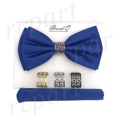 New formal Men's micro fiber Pre-tied Bow Tie  Hankie royal blue with 4 rings