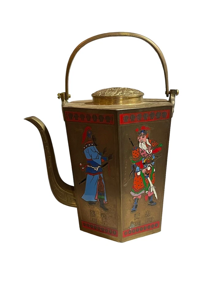 Винтажный Шестиугольный ЛАТУННЫЙ ЧАЙНИК Эмалированные Азиатские Фигурки Рельефная Крышка РЕДКИЙ ТРУДНО НАЙТИ - Изображение 2 из 4