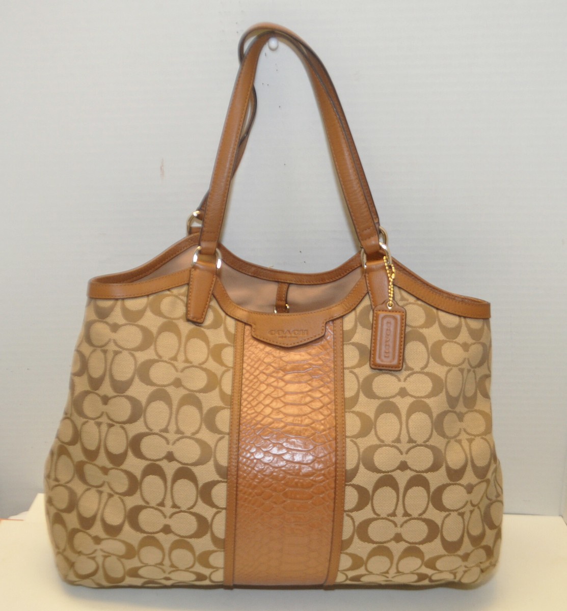 COACH F31444 Signature Snakeskin Stripe Saddle Tote Khaki Shoulder
