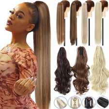Highlight Long Real Claw Ponytail Clip In Hair Extensions Pony Tail As Human US
