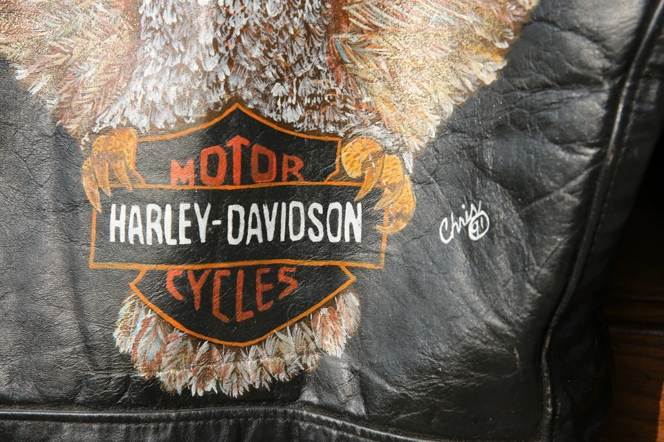 Chaqueta de cuero para motocicleta Harley Davidson vintage motociclista pintada a mano águila negra Foto 4 de 4