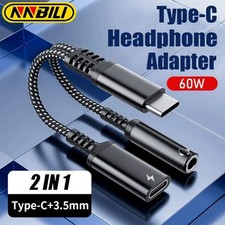 2-in-1 USB-C to 3.5mm Headphone Aux Adapter 60W PD Fast Charging Cable For Pho