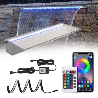 24'' APP Control Waterfall Spillway with RGB LED Lights, Acrylic Pond Fountai...
