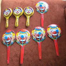 Vintage US Metal Circus Clown Noisemakers Litho Tin Toys