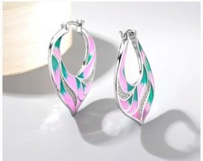 Sterling Silver .925 Pink Enamel Flower Hoop Earrings